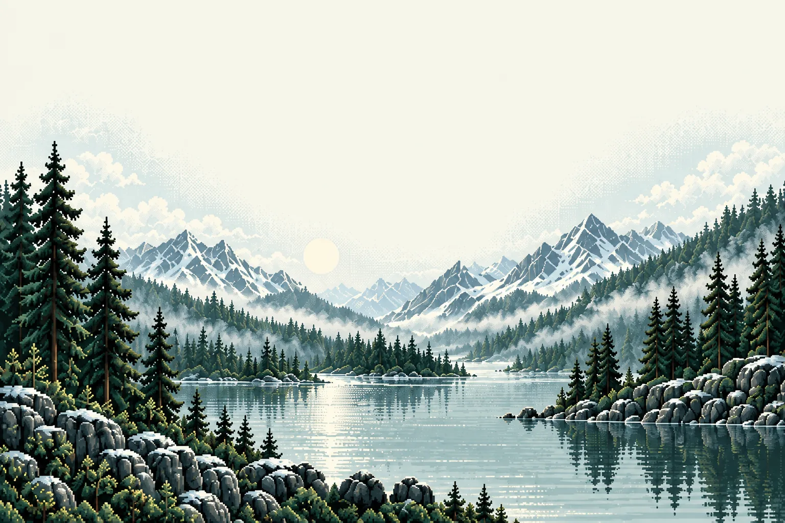 A pixel-art alpine lake, framed by pines and snow-dusted mountains in the morning light.